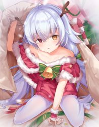 Rule 34 | 1girl, ahoge, antlers, azur lane, bare shoulders, blanket, bow, candy, candy cane, capelet, christmas, christmas tree, collarbone, commentary request, dress, enim, food, fur-trimmed capelet, fur trim, green bow, hair bow, head tilt, heterochromia, highres, horns, indoors, long hair, looking at viewer, mole, mole under eye, nicholas (azur lane), nicholas (surprise!?) (azur lane), no shoes, off shoulder, official alternate costume, open mouth, pantyhose, red capelet, red dress, red eyes, reindeer antlers, silver hair, sitting, solo, very long hair, wariza, white pantyhose, yellow eyes