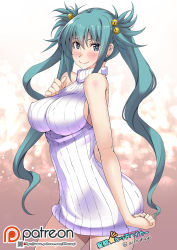 Rule 34 | 1girl, aqua eyes, bare arms, bare shoulders, bell, blue eyes, blush, body blush, breasts, commentary request, commission, cui yifei, eyebrows, hair bell, hair between eyes, hair ornament, highres, large breasts, lips, long hair, looking at viewer, meme attire, muv-luv, muv-luv alternative, muv-luv total eclipse, naked sweater, shiny skin, smile, solo, standing, sweater, tsurugi ai (seikan hitchhiker), turtleneck, turtleneck sweater, twintails, twitter username, virgin killer sweater, white sweater
