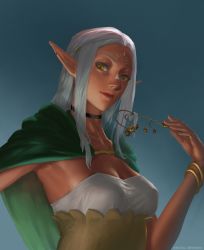 Rule 34 | 1girl, absurdres, armpits, bangle, bell, black choker, blue background, bracelet, breasts, brown eyes, choker, cithis, cleavage, cloak, collarbone, commentary request, dark-skinned female, dark elf, dark skin, dungeon meshi, elf, facial mark, forehead mark, green cloak, highres, jewelry, jingle bell, lips, looking at viewer, medium breasts, medium hair, nose, notched ear, pointy ears, seshengquyi, sidelocks, silver hair, solo, strapless