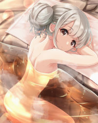 Rule 34 | 1girl, :o, akisaka yamoka, arm support, ass, back, bathing, blush, breasts, brown eyes, commentary request, from side, hair bun, highres, hisakawa nagi, idolmaster, idolmaster cinderella girls, lens flare, looking at viewer, looking to the side, nude, onsen, parted lips, partially submerged, shoulder blades, side bun, silver hair, single hair bun, single side bun, sitting, small breasts, solo, steam, stone floor, towel, water