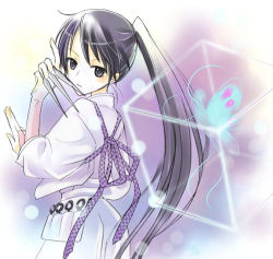 Rule 34 | 00s, 1girl, belt, between fingers, black hair, claw (weapon), cowboy shot, cube, from behind, glowing, holding, holding weapon, kekkaishi, long hair, long sleeves, looking at viewer, looking back, lowres, ponytail, solo, tunic, very long hair, weapon, yukimura tokine