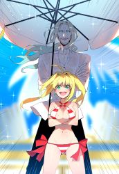 Rule 34 | 10s, 1boy, 1girl, beard, blonde hair, breasts, cleavage, facial hair, fate/apocrypha, fate/extra, fate/grand order, fate (series), halterneck, koshiro itsuki, long hair, nero claudius (fate), nero claudius (fate) (all), nero claudius (swimsuit caster) (fate), short hair, swimsuit, vlad iii (fate/apocrypha)