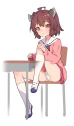Rule 34 | 1girl, ahoge, brown hair, buttons, cardigan, chair, closed mouth, desk, dress, full body, hair between eyes, headgear, highres, open cardigan, open clothes, orange eyes, panties, pink cardigan, red dress, sailor collar, sailor dress, school chair, school desk, shoes, short hair, simple background, sitting, socks, solo, touhoku kiritan, two side up, underwear, voiceroid, white background, white panties, white sailor collar, white socks, yamamomo (plank)