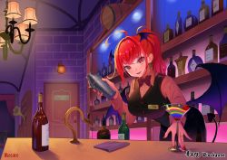 Rule 34 | 1girl, ahoge, artist name, bar (place), black skirt, black vest, black wings, bottle, bow, bowtie, breasts, ceiling light, cherry, cocktail glass, commission, cup, demon tail, demon wings, door, drinking glass, earrings, food, fruit, head wings, heart, heart earrings, highres, indoors, jewelry, jpeg artifacts, koakuma, large breasts, leaning forward, lips, long hair, long sleeves, looking at viewer, nail polish, parted lips, phonograph, ponytail, recare, red eyes, red hair, red nails, ring, shirt, skirt, solo, tail, touhou, vest, wings