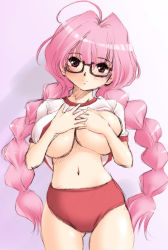 Rule 34 | 1girl, ahoge, blush, braid, breast hold, breast slip, breasts, buruma, clothes lift, covering privates, covering breasts, di gi charat, female focus, glasses, gradient background, gym uniform, huge breasts, kantori, large breasts, long hair, midriff, navel, no bra, one breast out, pink hair, red eyes, shirt lift, solo, twin braids, underboob, usada hikaru, very long hair