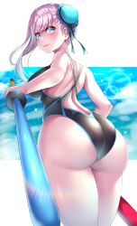 Rule 34 | 1girl, absurdres, ass, asymmetrical hair, backless swimsuit, black one-piece swimsuit, blue eyes, blush, breasts, bun cover, competition swimsuit, dual wielding, fate/grand order, fate (series), from behind, hair bun, highres, holding, huge ass, large breasts, long hair, looking at viewer, looking back, miyamoto musashi (fate), miyamoto musashi (fate/grand order), miyamoto musashi (swimsuit berserker) (fate), miyamoto musashi (swimsuit berserker) (first ascension) (fate), nano (syoutamho), one-piece swimsuit, outside border, pink hair, single hair bun, sky, smile, solo, sparkle, swept bangs, swimsuit