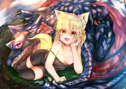 Rule 34 | 1girl, :d, absurdres, animal ears, arm support, bike shorts, blonde hair, breasts, camisole, dragon, facepaint, fang, fox ears, fox girl, fox tail, full body, highres, huge filesize, medium hair, mister eru, open mouth, orange eyes, original, small breasts, smile, strap slip, tail, thighhighs