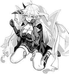 Rule 34 | 1girl, antenna hair, armor, asymmetrical horns, azur lane, azur lane: slow ahead, black footwear, breasts, brown sash, chrysanthemum, cleavage, crying, dress, flower, full body, greaves, greyscale, hakuryuu (azur lane), highres, hori (hori no su), horns, japanese armor, large breasts, long hair, miniskirt, mismatched horns, monochrome, ootachi, pleated dress, shoes, simple background, skirt, solo, suneate, tears, thigh strap, white background, white eyes