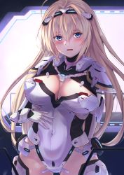 Rule 34 | 1girl, arm behind back, blonde hair, blue eyes, blush, bodysuit, breasts, cleavage, covered navel, feet out of frame, girls&#039; frontline, gloves, hair ornament, hairband, hairclip, hand on own stomach, hanyang type 88 (girls&#039; frontline), hanyang type 88 (white comet bearer of wishes) (girls&#039; frontline), hanyang type 88 (white comet bearing your wishes) (girls&#039; frontline), highres, large breasts, lips, long hair, looking at viewer, lower teeth only, official alternate costume, open mouth, parted lips, simple background, solo, standing, sweat, teeth, white bodysuit, white gloves, xlscaler