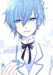 Rule 34 | 1boy, black neckwear, blue eyes, blue hair, blue nails, bow, bowtie, commentary, formal, hand up, kaito (vocaloid), looking at viewer, male focus, nail polish, parted lips, project diva (series), shirt, smile, sparkle, suit, tuxedo, upper body, vocaloid, white blazer (module), white shirt, white suit, yoshiki