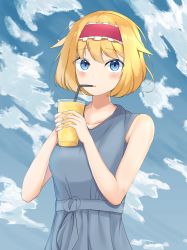 Rule 34 | 1girl, absurdres, alice margatroid, bad id, bad twitter id, blonde hair, blue dress, blue eyes, blue sky, blush, breasts, cloud, commentary request, cookie (touhou), cowboy shot, cup, day, dress, drinking, drinking straw, drinking straw in mouth, eyes visible through hair, frilled hairband, frills, hairband, highres, ichigo (cookie), ikikiksgiksg, looking at viewer, medium breasts, open mouth, red hairband, short hair, sky, sleeveless, sleeveless dress, solo, touhou