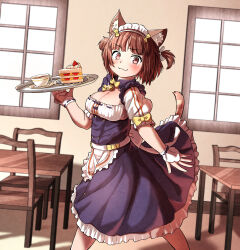Rule 34 | 1girl, :3, alternate breast size, animal ear fluff, animal ears, apron, azuki (nekopara), bell, black dress, blush, bow, breasts, brown eyes, brown hair, cake, cake slice, cat ears, cat girl, cat tail, chair, cleavage, closed mouth, commentary request, cup, dress, food, frilled apron, frilled dress, frills, fruit, hair ribbon, highres, holding, holding tray, indoors, jingle bell, kagarimachi konatsu, medium breasts, neck bell, nekopara, puffy short sleeves, puffy sleeves, ribbon, saucer, short sleeves, solo, strawberry, striped tail, table, tail, teacup, tray, two side up, uniform, waist apron, waitress, white apron, white ribbon, window, wrist cuffs, yellow bow