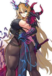 Rule 34 | 1girl, absurdres, armor, ass, bare shoulders, barguest (fate/grand order), blonde hair, bodysuit, breasts, chain, crown, barghest (fate), fate/grand order, fate (series), from behind, gauntlets, green eyes, heterochromia, highres, huge ass, large breasts, long hair, looking at viewer, looking back, loooyd, red eyes, shiny clothes, sideboob, smile, solo, sword, very long hair, weapon