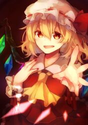 Rule 34 | 1girl, ascot, blonde hair, collared shirt, crystal, fang, flandre scarlet, frilled skirt, frills, hair between eyes, hat, highres, kuroba (kuroba 00), looking at viewer, medium hair, mob cap, multicolored wings, nail polish, one side up, open mouth, outstretched arm, outstretched hand, red background, red eyes, red nails, red ribbon, red skirt, red vest, ribbon, ribbon-trimmed headwear, ribbon trim, shirt, simple background, skin fang, skirt, solo, touhou, upper body, vest, wings, wrist cuffs, yellow ascot