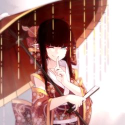 Rule 34 | 1girl, ;), back bow, black hair, blue eyes, blunt bangs, bow, closed mouth, commentary request, detached sleeves, dev (dev0614), finger to mouth, fingernails, folded fan, folding fan, gradient background, hair bow, hair ornament, hair stick, hand fan, highres, holding, holding fan, holding umbrella, index finger raised, japanese clothes, kimono, long fingernails, long sleeves, looking at viewer, multicolored hair, nail polish, obi, oil-paper umbrella, one eye closed, original, pointy ears, red bow, red hair, red kimono, red nails, sash, shushing, sidelocks, signature, smile, solo, streaked hair, umbrella, upper body, white background, wide sleeves