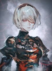Rule 34 | 1girl, 2b (nier:automata), absurdres, black dress, black headband, blood, blood on clothes, blood on face, breasts, cleavage, cleavage cutout, closed mouth, clothing cutout, dress, expressionless, gradient background, grey background, hair over one eye, headband, highres, juliet sleeves, large breasts, long sleeves, looking at viewer, mole, mole under mouth, moony (mogmogmelt), nier:automata, nier (series), no blindfold, puffy sleeves, red eyes, short hair, simple background, solo, upper body, white hair