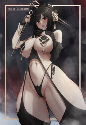 Rule 34 | 1girl, absurdres, aelion draws, alternate costume, alternate hairstyle, artist name, bare shoulders, black hair, blush, breasts, cleavage, dagger, detached sleeves, female pubic hair, garter straps, hair ornament, hand on own chest, highres, knife, large breasts, long hair, looking at viewer, meme attire, navel, panties, partially visible vulva, pasties, patreon username, pubic hair, pubic hair peek, red eyes, sideboob, sidelocks, solo, spy x family, stiletto (weapon), stomach, sweat, thick lips, thick thighs, thighhighs, thighs, thong, turtleneck, underboob, underwear, virgin destroyer sweater, virgin killer sweater, weapon, yor briar