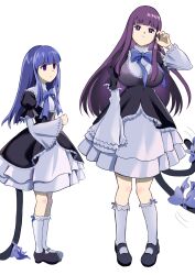 Rule 34 | 2girls, absurdres, blue hair, blunt bangs, bow, breasts, cat tail, closed mouth, cosplay, crossover, dress, empty eyes, expressionless, fern (sousou no frieren), flat chest, frederica bernkastel, frederica bernkastel (cosplay), frills, height difference, highres, kneehighs, large breasts, layered dress, lolita fashion, long hair, long sleeves, looking at another, looking at viewer, mary janes, mashimaro tabetai, multiple girls, paw pose, puffy long sleeves, puffy sleeves, purple eyes, purple hair, ribbon, shoes, sidelocks, simple background, socks, sousou no frieren, standing, straight hair, tail, tail wagging, trait connection, umineko no naku koro ni, white background, white socks, wide sleeves