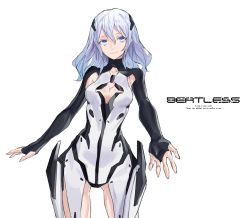 Rule 34 | 1girl, armpit cutout, bad id, bad pixiv id, blue eyes, bodysuit, breasts, bridal gauntlets, cancell, cleavage, cleavage cutout, clothing cutout, english text, highres, long hair, looking at viewer, mecha musume, medium breasts, original, reaching, reaching towards viewer, silver hair, simple background, smile, solo, standing