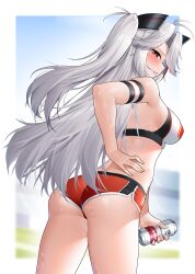 Rule 34 | 1girl, absurdres, antenna hair, arm strap, ass, azur lane, can, dolphin shorts, from behind, grey hair, hand on own hip, highres, holding, holding can, jfzm001, long hair, looking at viewer, multicolored hair, official alternate costume, prinz eugen (azur lane), prinz eugen (brilliant touchdown) (azur lane), red hair, red shorts, short shorts, shorts, solo, sports bra, streaked hair, sweat, two side up, wet, white sports bra