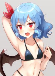 Rule 34 | 1girl, 60mai, arm up, armpits, bare arms, bare shoulders, bat wings, bikini, black bikini, blue hair, blush, breasts, collarbone, commentary, fang, grey background, hair between eyes, hair ribbon, hand up, highleg, highleg bikini, looking at viewer, navel, no headwear, open mouth, red eyes, red ribbon, remilia scarlet, ribbon, short hair, simple background, small breasts, solo, stomach, swimsuit, touhou, upper body, wings