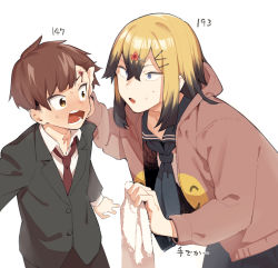 Rule 34 | 1boy, 1girl, :o, arm up, black jacket, black neckerchief, black sailor collar, black skirt, blazer, bleeding, blonde hair, blood, blue eyes, blunt bangs, blush, brown eyes, brown hair, brown jacket, brown necktie, collared shirt, colored tips, cowboy shot, crossed bangs, d:, eye contact, eyebrows, eyebrows hidden by hair, flower, flustered, from side, full-face blush, hair flower, hair ornament, hairclip, hand up, height, height difference, highres, holding, holding towel, hood, hood down, hooded jacket, injury, jacket, leaning forward, long sleeves, looking at another, looking to the side, medium hair, muchi maro, multicolored hair, neckerchief, necktie, open clothes, open jacket, open mouth, original, pleated skirt, print jacket, puffy long sleeves, puffy sleeves, round teeth, sailor collar, sanpaku, school uniform, scrape, serafuku, shirt, simple background, skirt, standing, sweat, tall, tall female, teeth, tongue, towel, tsurime, two-tone hair, vignetting, white background, white shirt, wide-eyed, wing collar