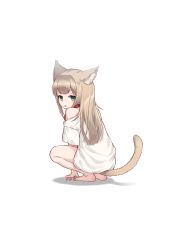 Rule 34 | 1girl, 40hara, animal ear fluff, animal ears, aqua eyes, back, bare shoulders, barefoot, blonde hair, cat ears, cat girl, cat tail, collar, empty eyes, highres, kinako (40hara), long hair, looking at viewer, off shoulder, open mouth, original, solo, squatting, tail