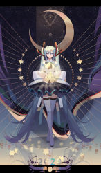 Rule 34 | 1girl, 2020, absurdly long hair, absurdres, aqua eyes, aqua hair, black ribbon, black skirt, boots, cccard, character name, commentary, crescent moon, detached sleeves, full body, hair ornament, hatsune miku, highres, holding, light smile, long hair, looking at viewer, magical mirai (vocaloid), magical mirai miku, magical mirai miku (2017), miniskirt, moon, neck ribbon, outstretched arms, plaid, plaid ribbon, pleated skirt, ribbon, shirt, skirt, sky, sleeveless, sleeveless shirt, solo, standing, star (sky), star (symbol), starry background, starry sky, thigh boots, thighhighs, twintails, very long hair, vocaloid, white shirt, white sleeves, white thighhighs, zettai ryouiki