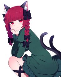 Rule 34 | 1girl, :3, absurdres, animal ears, black bow, blunt bangs, bow, braid, cat ears, cat tail, dress, green dress, hair bow, highres, kaenbyou rin, multiple tails, red eyes, red hair, solo, tail, touhou, transparent background, two tails, you (noanoamoemoe)