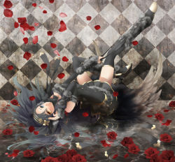 Rule 34 | 1girl, bare shoulders, black hair, black thighhighs, checkered background, elbow gloves, flower, gloves, heterochromia, highres, legs, long hair, lying, md5 mismatch, on back, original, petals, plastick, reflection, resolution mismatch, rose, solo, source smaller, thighhighs, very long hair