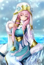 Rule 34 | 1girl, artist name, blue eyes, breasts, earrings, eeryuu (2004107), fire emblem, fire emblem heroes, flower, fur trim, gem, gunnthra (fire emblem), hat, highres, horse, ice, jewelry, large breasts, long hair, low twintails, pink hair, sitting, snow, snowing, solo, twintails, veil