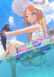 Rule 34 | 1girl, :o, abigail williams (fate), abigail williams (swimsuit foreigner) (fate), abigail williams (swimsuit foreigner) (third ascension) (fate), absurdres, animal, ass, bare shoulders, black cat, blonde hair, blue eyes, blush, bonnet, bow, cat, chinese commentary, facial mark, fate/grand order, fate (series), feet out of frame, floating, floating object, frilled swimsuit, frills, grey cat, hat, heart, heart print, highres, holding, holding animal, holding cat, innertube, long hair, looking at viewer, ocean, open mouth, parted bangs, solo, star (symbol), star facial mark, star print, swim ring, swimsuit, yinori