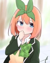 Rule 34 | 1girl, black jacket, blue eyes, blurry, blurry background, blush, bow, closed mouth, collared shirt, commentary request, depth of field, eyebrows hidden by hair, go-toubun no hanayome, green bow, green ribbon, hair between eyes, hair ribbon, jacket, kujou karasuma, long sleeves, looking at viewer, nakano yotsuba, open clothes, open jacket, orange hair, ribbon, shirt, signature, sleeves past wrists, solo, sweater vest, upper body, white shirt