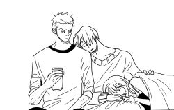 Rule 34 | 1girl, 2boys, blanket, hy, lap pillow, leaning, lowres, monochrome, multiple boys, nami (one piece), one piece, one piece: strong world, outline, roronoa zoro, sanji (one piece), sleeping