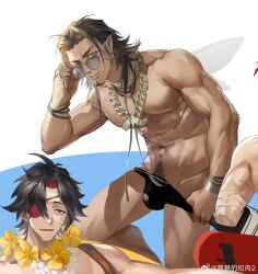 Rule 34 | 3boys, abs, adjusting eyewear, alchemy stars, anjingkuxiao, bara, black male swimwear, bulge, chain, chain necklace, character request, come hither, cropped, cropped legs, dark-skinned male, dark skin, eyepatch, facial hair, flower, flower necklace, goatee, highres, jewelry, large pectorals, long sideburns, looking at viewer, looking over eyewear, male focus, male pubic hair, male swimwear, male swimwear pull, mature male, multiple boys, muscular, muscular male, navel, navel hair, necklace, no nipples, parted bangs, pectorals, pointy ears, pubic hair, pubic hair peek, pulling own clothes, roy (alchemy stars), seductive smile, short hair, sideburns, sinsa (alchemy stars), smile, sparse stubble, sunglasses, swim briefs, thick eyebrows, topless male, unfinished