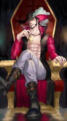 Rule 34 | 1boy, abs, beard, black headwear, cross, crossed legs, dracule mihawk, facial hair, hat feather, highres, holding, holding jewelry, holding necklace, jewelry, latin cross, looking at viewer, mustache, necklace, one piece, open clothes, open shirt, pants, pectorals, red sleeves, sitting, solo, throne, white pants, yato 0410, yellow eyes