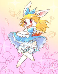 Rule 34 | 1girl, alice in wonderland, blonde hair, dress, female focus, full body, furry, furry female, gradient background, long hair, open mouth, partially colored, rabbit, red eyes, solo, toraneko (38), underwear