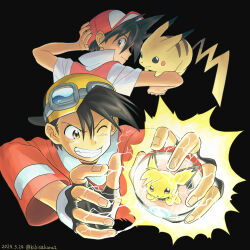 Rule 34 | 2boys, artist name, baseball cap, black background, closed mouth, commentary request, creatures (company), dated, electricity, ethan (pokemon), game freak, gen 1 pokemon, gen 2 pokemon, goggles, goggles on headwear, hat, highres, holding, holding poke ball, kibisakura2, male focus, multiple boys, nintendo, one eye closed, pichu, pikachu, poke ball, poke ball (basic), pokemon, pokemon (creature), pokemon adventures, red (pokemon), red hat, simple background, smile, tail, teeth, twitter username, yellow eyes, yellow fur, yellow hat