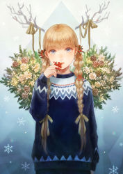 Rule 34 | 1girl, absurdres, animal ears, arm at side, bad id, bad pixiv id, berry, blonde hair, blue eyes, blue sweater, braid, commentary, fake animal ears, fake antlers, flower, flower request, hair ornament, hair over shoulder, hand to own mouth, hand up, highres, holding holly, holly hair ornament, horn ornament, horn ribbon, horns, lips, long hair, long sleeves, looking at viewer, nose, original, parted lips, pinecone, plant, ribbon, romiy, snowflakes, solo, sweater, tareme, triangle, twin braids, upper body
