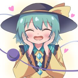 Rule 34 | 1girl, :d, ^ ^, absurdres, black hat, blush, buttons, closed eyes, diamond button, eyeball, facing viewer, frilled sleeves, frills, green hair, hands on own cheeks, hands on own face, hat, hat ribbon, heart, high meron, highres, komeiji koishi, long sleeves, open mouth, ribbon, shirt, short hair, simple background, smile, solo, third eye, touhou, upper body, white background, wide sleeves, yellow ribbon, yellow shirt