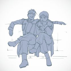 Rule 34 | 2boys, 2cko, aiguillette, amestris military uniform, ankle boots, arm rest, beard, black eyes, boots, closed mouth, collared jacket, couch, elbow rest, expressionless, facial hair, facing viewer, fingernails, full body, fullmetal alchemist, glasses, grey background, hand on own arm, hand on own chin, jacket, crossed legs, light smile, looking at viewer, looking down, maes hughes, male focus, military, military uniform, monochrome, multiple boys, over-rim eyewear, pants, partially colored, roy mustang, semi-rimless eyewear, side-by-side, simple background, sitting, uniform