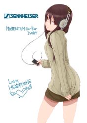 Rule 34 | 1girl, absurdres, brown eyes, brown hair, cable, digital media player, english text, engrish text, headphones, highres, long hair, miniskirt, original, product placement, ranguage, ribbed sweater, saiho, sennheiser, skirt, solo, sweater