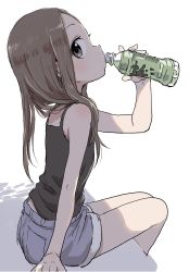 Rule 34 | 10s, 1girl, absurdres, bare arms, bare shoulders, black camisole, blush, bottle, brown hair, camisole, commentary request, denim, denim shorts, drinking, from side, highres, holding, karakai jouzu no takagi-san, legs together, long hair, looking at viewer, looking to the side, midriff peek, short shorts, shorts, simple background, solo, takagi-san, water bottle, white background, yamamoto souichirou
