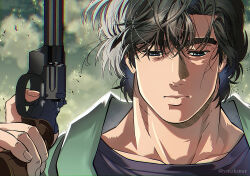 Rule 34 | 1boy, absurdres, brown hair, chromatic aberration, city hunter, closed mouth, collarbone, commentary request, finger on trigger, fingernails, green jacket, grey sky, gun, handgun, highres, holding, holding gun, holding weapon, jacket, looking down, male focus, outdoors, revolver, saeba ryou, short hair, sky, solo, twitter username, upper body, weapon, yuu (masarunomori)