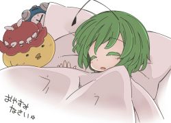 Rule 34 | 1girl, alarm clock, antennae, character doll, clock, closed eyes, green hair, jagabutter, open mouth, pillow, short hair, sleeping, solo, stuffed animal, stuffed toy, touhou, translated, under covers, white background, wriggle nightbug