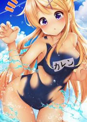 Rule 34 | 1girl, blonde hair, blue one-piece swimsuit, blue sky, blush, bodypaint, breasts, character name, cleavage, cloud, collarbone, contrail, day, dissolving clothes, false clothes, hair censor, hair ornament, highres, kin-iro mosaic, kujou karen, leaning forward, long hair, looking at viewer, medium breasts, minato ojitan, naked paint, name tag, navel, nude, one-piece swimsuit, open mouth, outdoors, painted clothes, purple eyes, school swimsuit, sky, solo, splashing, swimsuit, thigh gap, very long hair, wading, water, water drop, x hair ornament