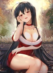 Rule 34 | 1girl, azur lane, bench, black bra, black hair, blush, bra, breasts, choker, cleavage, collarbone, dress, grass, large breasts, long hair, looking at viewer, mujinbensin, off shoulder, open mouth, patreon username, red eyes, red sweater, short sleeves, sitting, smile, sweater, sweater dress, taihou (azur lane), underwear