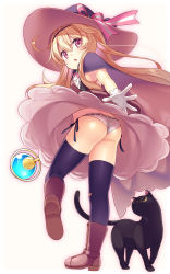 Rule 34 | 1girl, ass, black cat, black cloak, black headwear, black thighhighs, blonde hair, boots, brown footwear, cat, cloak, commentary request, dress, fangs, from behind, from below, full body, gloves, hairband, hat, kneepits, legs, little witch nobeta, long hair, looking back, looking down, nobeta, open mouth, outstretched arm, panties, phyllis (cat) (little witch nobeta), phyllis (little witch nobeta), red eyes, side-tie panties, simple background, staff, standing, standing on one leg, thighhighs, thighs, underwear, usume shirou, weapon, white background, white dress, white gloves, white panties, wind, wind lift, witch hat