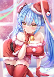 Rule 34 | 1girl, ahoge, bare shoulders, bell, blue hair, blush, breasts, choker, commentary request, dress, elf, finger to mouth, gloves, hair between eyes, hair ribbon, hat, heart, heart ahoge, highres, hololive, large breasts, long hair, looking at viewer, neck bell, off shoulder, parted lips, pointy ears, red choker, red dress, red gloves, red hat, red thighhighs, ribbon, santa costume, santa hat, short sleeves, shushing, solo, thighhighs, twintails, very long hair, virtual youtuber, yellow eyes, yuano, yukihana lamy