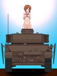 Rule 34 | 1girl, absurdres, bdsm, bondage, bound, bound arms, breasts, brown eyes, brown hair, completely nude, girls und panzer, highres, looking at viewer, maruze circus, military, military vehicle, motor vehicle, nipples, nishizumi miho, nude, on vehicle, panzer iv, panzer iv, pussy, red rope, rope, shibari, short hair, sitting, small breasts, solo, tank